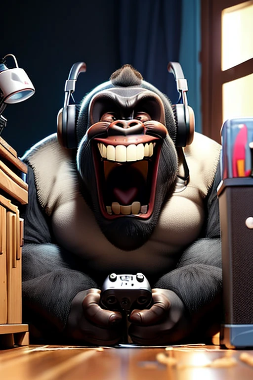 A gorilla wearing a headset sitting on the floor with a video game controller in one of his hands, he is laughing, happy, smiling. He is in his room.
