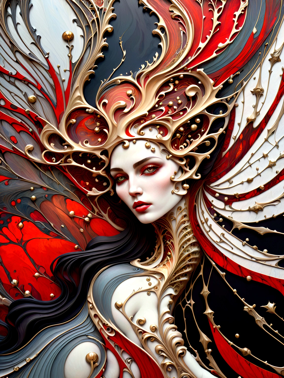 a beautiful illustration of a vampire woman made from an abstract marble texture, with colors of black, red and gold, highly detailed, intricate design, marble material, BY Anne Bachelier,