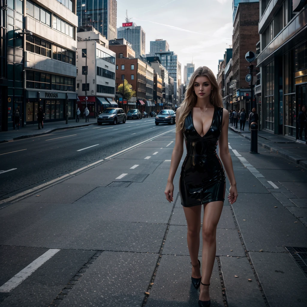 a woman, 1 person standing in the middle of a city street, wearing a black latex dress with Vshape to belly , blonde long hair,(best quality,4k,8k,highres,masterpiece:1.2),ultra-detailed,(realistic,photorealistic,photo-realistic:1.37),beautiful detailed eyes,beautiful detailed lips,extremely detailed eyes and face,longeyelashes,city background,urban landscape standing on the pavement,modern architecture,sunlight,natural lighting,cinematic,elegant,fashionable,atmospheric