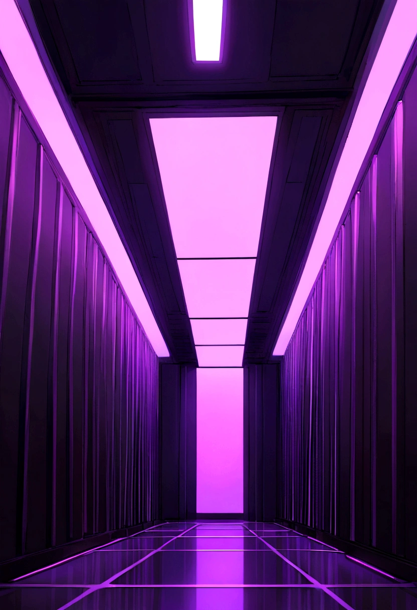 front view of a pearlescent rectangular room,dimly lit, pink and blue and purple dim neon light glow, super dark lighting