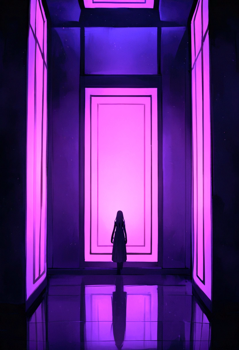 front view of a pearlescent rectangular room,dimly lit, pink and blue and purple dim neon light glow, super dark lighting