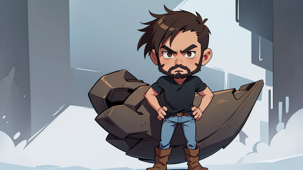 ultra high quality, solo, chibi style, tall lean man, angular face, no hair on head bald, friendly brown eyes, full black beard, wearing a gray shirt and jeans with cowboy boots, standing