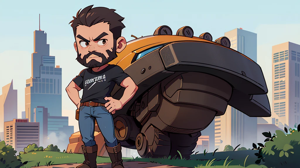 ultra high quality, solo, chibi style, tall lean man, angular face, no hair on head bald, friendly brown eyes, full black beard, wearing a gray shirt and jeans with cowboy boots, standing