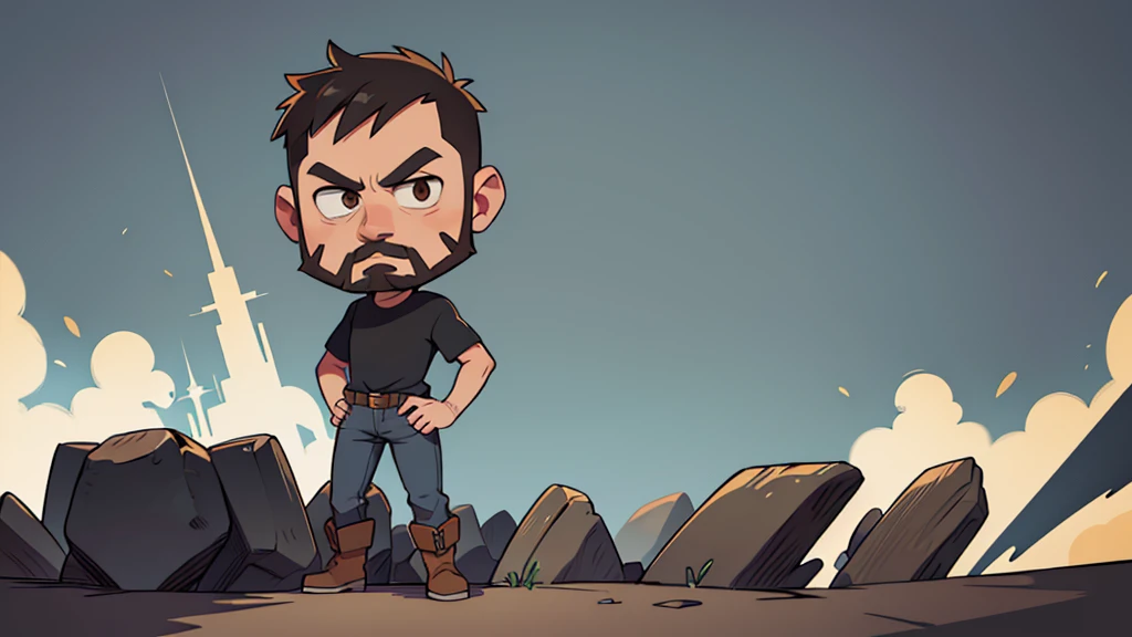 ultra high quality, solo, chibi style, tall lean man, angular face, no hair on head bald, friendly brown eyes, full black beard, wearing a gray shirt and jeans with cowboy boots, standing