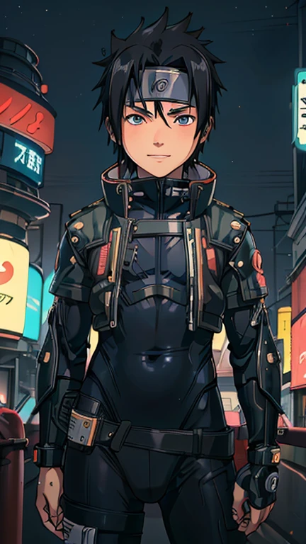 (8k),(masterpiece),(Japanese),(13-year-old boy),((innocent look)),((Childish)),From the front,smile,cute,Innocent,Kind eyes,Flat chest, Uchiha Sasuke wearing Cyberpunk Bodysuit,Short,Hair blowing in the wind,Black Hair,Strong wind,night,dark, Neon light cyberpunk Konoha village