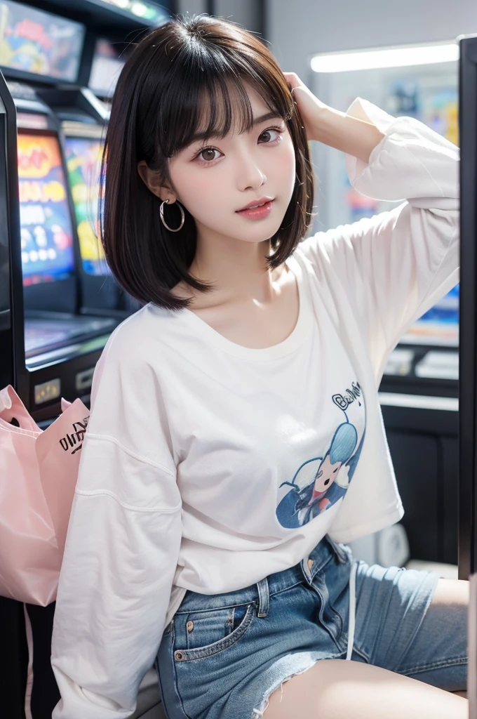 Game center, professional gamer, ((full body)), ((photo)), ((best qualtiy, 8K, tmasterpiece: 1.3)), Focus: 1.2, perfect figure beautiful girl: 1.4, 1girl, cowboy shot, look at viewer, eyes facing the camera, incredibly absurd, beautiful and cute girl with a photorealistic face, showcasing top-quality craftsmanship, A Japanese girl playing games at an arcade, 17 years old, with a bob cut, silky black hair, bangs cut at an angle to reveal her right eye, large eyes, a soft smile, tanned skin, thin and well-formed eyebrows, straight nose with a rounded tip, thin lips but a healthy, natural pink colour, small ears with pierced ears, a slender neck with a sharp jawline, a small face with well-formed facial features, fair, fine, translucent skin, long eyelashes that make the eye makeup stand out, eyes that are powerful but also kind, Well-aligned, white teeth, healthy, shiny skin and hair, friendly expression, , slender, well-balanced proportions, good posture, beautiful C-cup breasts, white character T-shirt, blue denim jacket, yellow shorts, white sneakers, silver earrings, tote bag with game character illustration printed on it, beautiful girl, moe, devilish type, sociable and easy to talk to, values teamwork, curious and adventurous, has a sense of humor, July