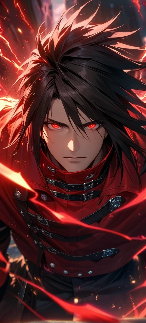 Symetrical,absurdres, highres, ultra detailed, HDR, masterpiece, extremely detailed face and eyes, Vincent Valentine,final fantasy 7,long black hair , , solo, man, handsome, ,, , Epic fight scene,red lightning effect, glowing glitters, , red flames effect, red aura effect, red splashing