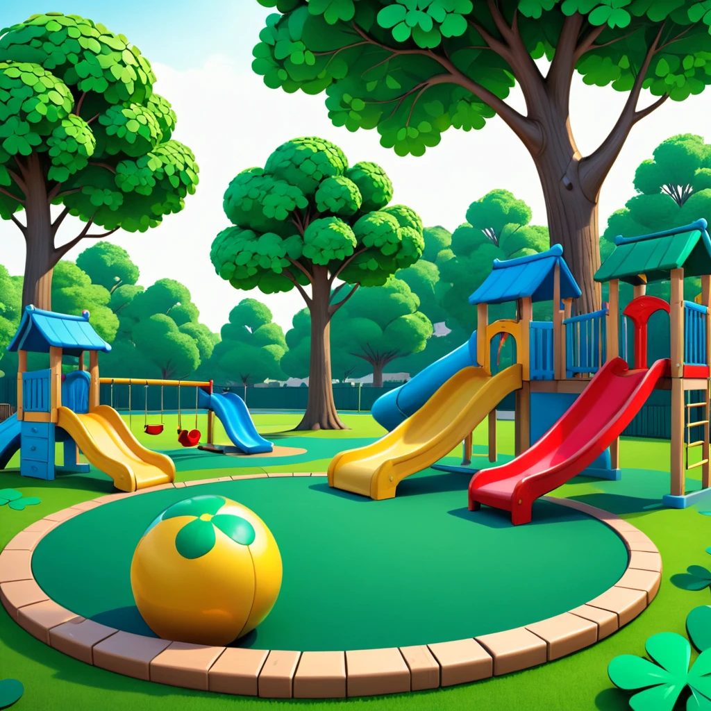 illustration, 3d, cartoon, shamrock, high resolution, high quality, detailed, masterpiece, hdr, sharp, a beautiful playground with trees and toys, BREAK score_9, score_8_up, score_7_up, score_6_up , amazing, beautiful, breathtaking, astonishing, brilliant, incredible,