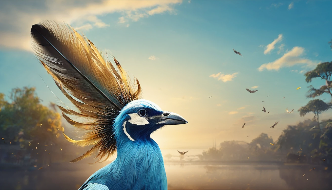 Create a professional, fantastic, cinematic Youtube Banner for a brand about music and stories called " Penamemoria". Masterpiece, 4k, sharp focus, highest quality,wide shot. The Background image is a world full of fantastic feathers, unique birds, light blue sky, soft white and touches of golden. Logo design of a half a boy, half a bird. Imagine the logo as a face symbol. Half is a boy, the other half is a bird feather