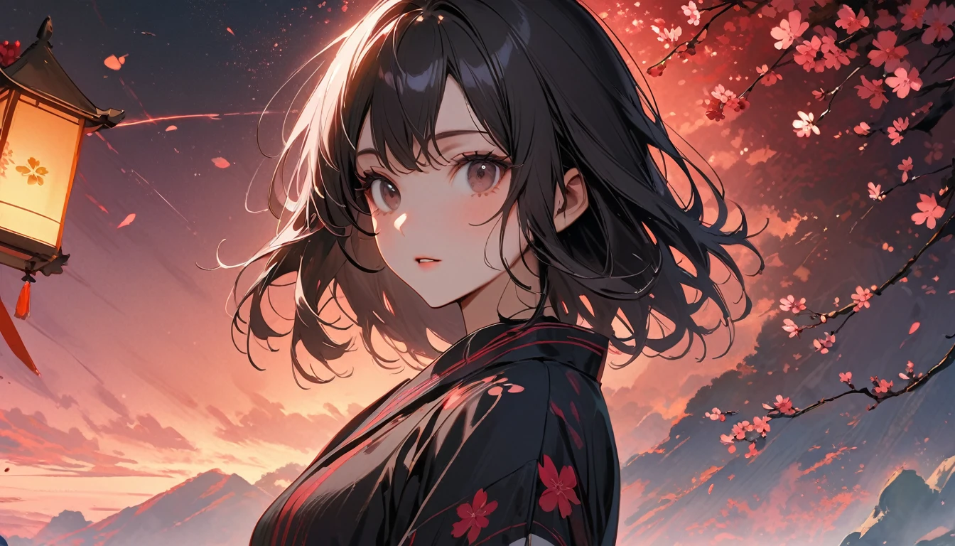 Highest quality, Katsushika Hokusai, Ink Painting, (((medium hair))), (((Brown Eyes)), (((Look up to the sky)), ((Pastel pink yukata))), Japanese style headphones, (((Cherry blossom))), beautiful girl, Black Hair, Delicate and precise, Modern ukiyo-e style,
