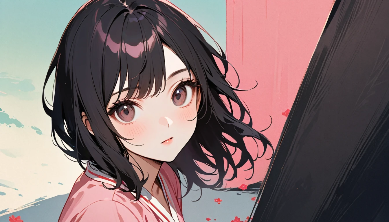 Highest quality, Katsushika Hokusai, Ink Painting, (((medium hair))), (((Brown Eyes)), (((Look up to the sky)), ((Pastel pink yukata))), Japanese style headphones, (((Cherry blossom))), beautiful girl, Black Hair, Delicate and precise, Modern ukiyo-e style,