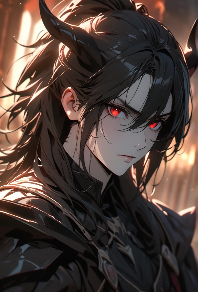 (solo), Demon lord, masculine, black hair, messy hair, mane hair, medium hair, A ponytail, dense hair, wild hair, expressive hair, mature,(25 year old), pale skin, red eyes, ((man)), wearing a black robe, black armor, black demon horns,, serious, handsome, attractive, eye reflection, depth of field, thunder aura,cinematic lighting, ray tracing, depth of field, cinematic lighting, ray tracing, UHD, high details, best quality, highres, high quality, award winning, super detail, masterpiece, 8k, UHD, high details, best quality, highres, high quality, award winning, super detail, masterpiece, 8k, digital art, anime coloring, full body, body shot, good face, perfect face, detailed face, good eyes, sitting on a throne