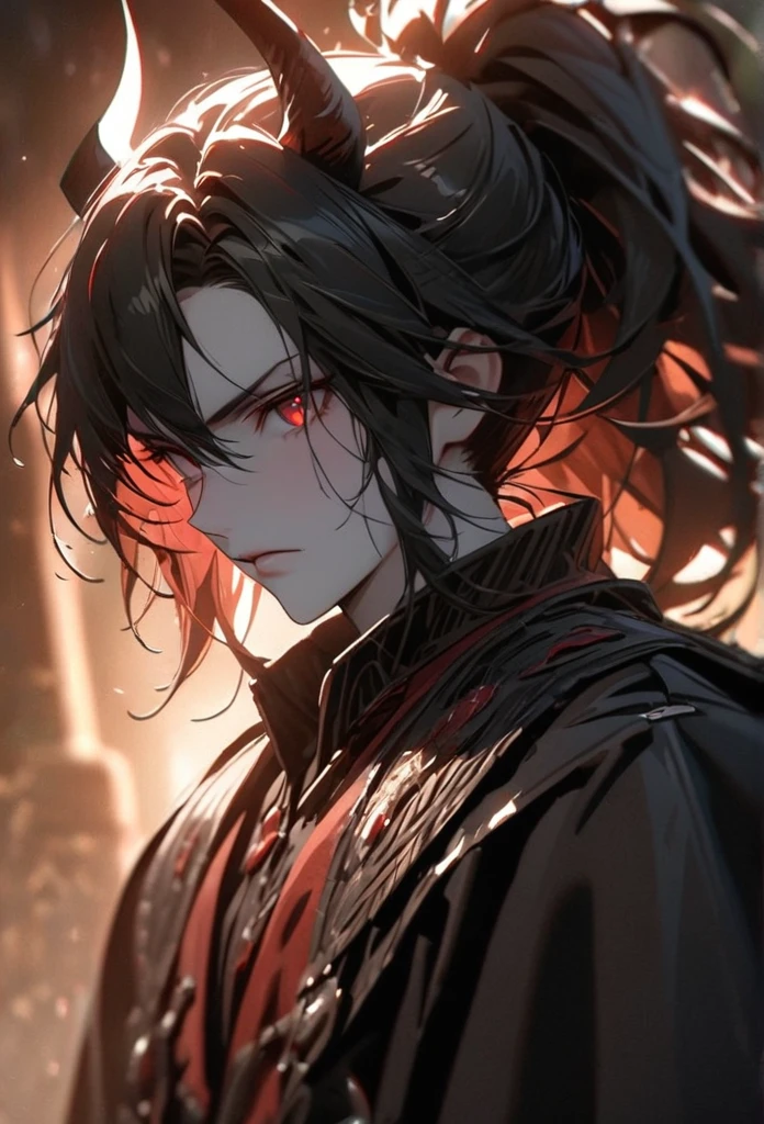 (solo), Demon lord, masculine, black hair, messy hair, mane hair, medium hair, A ponytail, dense hair, wild hair, expressive hair, mature,(25 year old), pale skin, red eyes, ((man)), wearing a black robe, black armor, black demon horns,, serious, handsome, attractive, eye reflection, depth of field, thunder aura,cinematic lighting, ray tracing, depth of field, cinematic lighting, ray tracing, UHD, high details, best quality, highres, high quality, award winning, super detail, masterpiece, 8k, UHD, high details, best quality, highres, high quality, award winning, super detail, masterpiece, 8k, digital art, anime coloring, full body, body shot, good face, perfect face, detailed face, good eyes, sitting on a throne