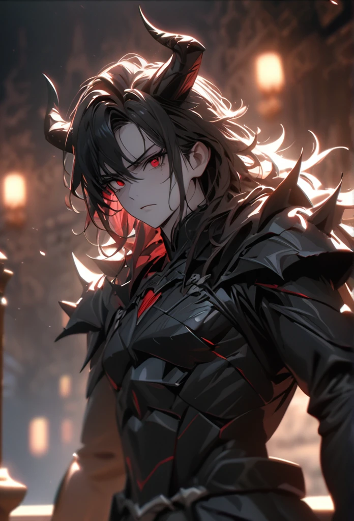 (solo), Demon lord, masculine, black hair, messy hair, mane hair, medium hair, A ponytail, dense hair, wild hair, expressive hair, mature,(25 year old), pale skin, red eyes, ((man)), wearing a black robe, black armor, black demon horns,, serious, handsome, attractive, eye reflection, depth of field, thunder aura,cinematic lighting, ray tracing, depth of field, cinematic lighting, ray tracing, UHD, high details, best quality, highres, high quality, award winning, super detail, masterpiece, 8k, UHD, high details, best quality, highres, high quality, award winning, super detail, masterpiece, 8k, digital art, anime coloring, full body, body shot, good face, perfect face, detailed face, good eyes, sitting on a throne