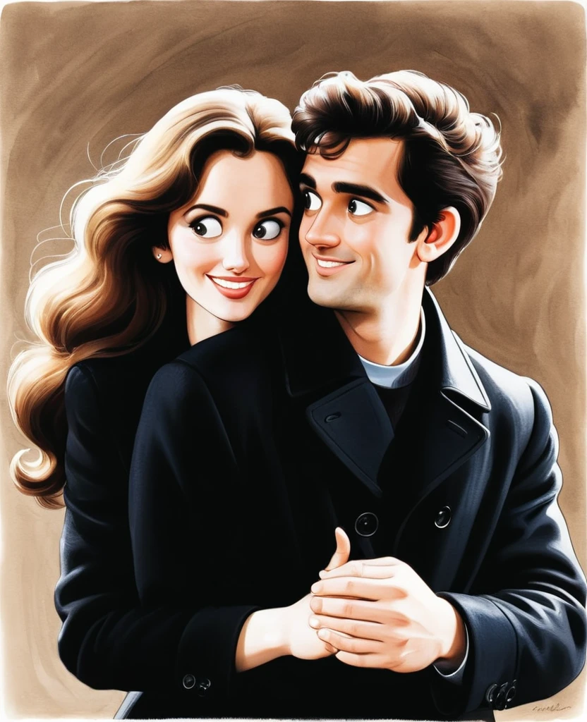 (drawing style) (adult aged 20:1.), um casal, dressed in a black coat, are embraced in a warm embrace, The woman, positioned on the left side of the frame, long time, curly brown hair . her right arm is draped over The man's shoulder,. The man, on the right side of the frame, has brown hair and a happy expression he wears a black coat, White background.