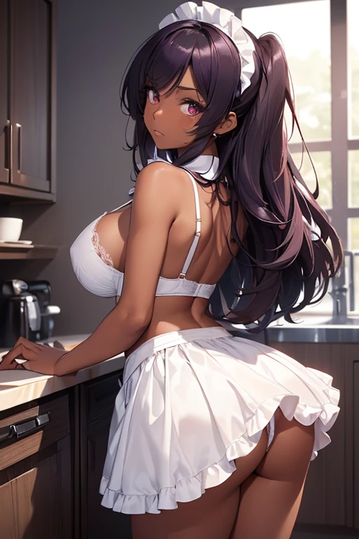 (1girl),(alone),(Full Body Portrait),(with face and body facing fourth wall:1.5),(Super dark skin color shade clay5:1.5),(Long dark purple hair and dark purple eyes),(young),(beautiful and super hot),(structured slim 1girl),(alone),(white skin),(long red hair Red eyes),(young),(beautiful and super hot),(slender body structured),(Big Breasts:1.5),(height 1.75cm),(hot ass),(Wearing),+,(\dressed as a maid, and maid's outfit and super revealing on the back, I lowered the short skirt a lot, showing her legs, and a little of her panties, and the part of the apron at the back of the skirt is very low, showing her delicious buttocks, and over the maid uniform it looks like a very short and sexual bra, and she has an ass big and super big breasts, she is super busty and has very big buttocks)/
