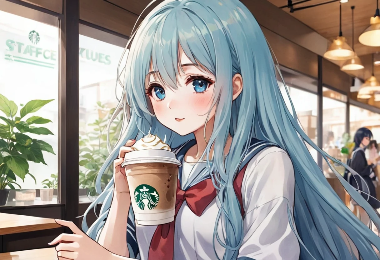 Anime Girls drinking starbucks coffee with a straw in her hand, Inside the Starbucks store、Light blue long hair、ツインテールのAnime Girls、笑顔が cute Anime Girls, Beautiful anime school girl, (Anime Girls), Cute girl anime visuals, Mysterious Coffee Shop Girl, young Anime Girls, Beautiful anime art style, Anime illustration, beautiful Anime Girls, Drink strawberry iced latte