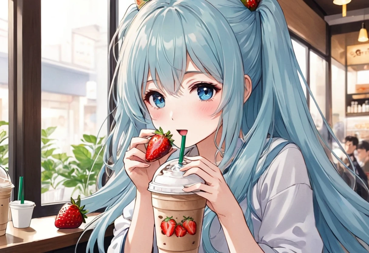 Anime Girls drinking starbucks coffee with a straw in her hand, Inside the Starbucks store、Light blue long hair、ツインテールのAnime Girls、笑顔が cute Anime Girls, Beautiful anime school girl, (Anime Girls), Cute girl anime visuals, Mysterious Coffee Shop Girl, young Anime Girls, Beautiful anime art style, Anime illustration, beautiful Anime Girls, Drink strawberry iced latte