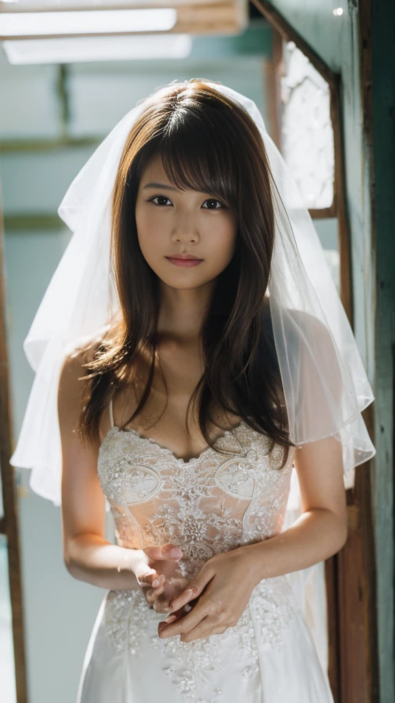 (highest quality,masterpiece:1.3,ultra high resolution,),(Super detailed,caustics),(Photoreal:1.4,RAW shooting,)ultra-realistic capture,very detailed,High resolution 16K human skin close-up。 natural skin texture、,The pores are、、、Must be detailed enough to be easily identified。 Skin should look even-toned and healthy。 Use natural light and color,1 girl,Japanese,cute,22 years ago,cry or laugh,look at the camera,Natural brown hair,half up,medium sized breasts,wedding veil,pure white wedding dress,holding a bouquet,stand upright,look at the camera,chapel,(Stained glass),Overflowing with light,(Front view),Front view,cowboy shot,natural soft light