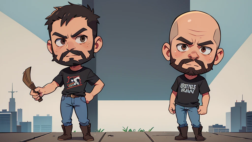 ultra hd, solo, chibi, bald man, tall lean, angular face, brown eyes, no hair on head, full black beard on face, wearing a gray t-shirt and jeans with cowboy boots standing