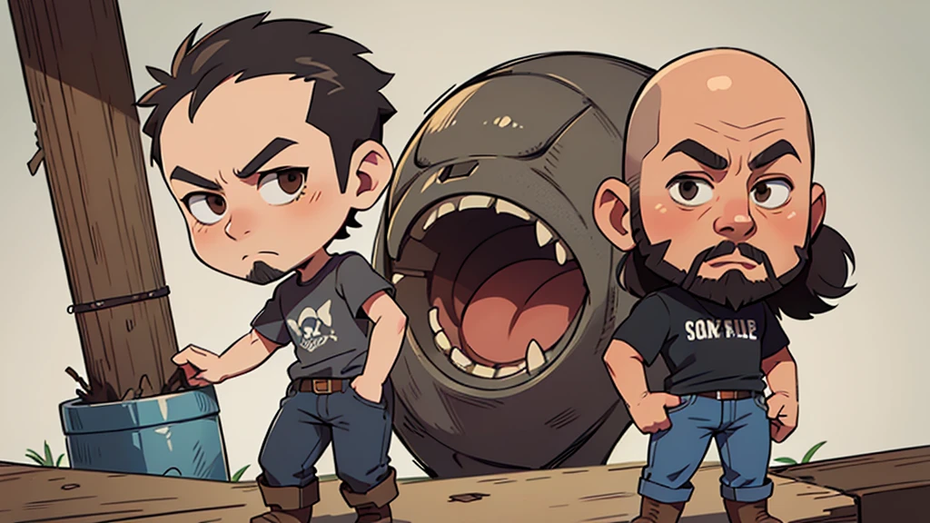ultra hd, solo, chibi, bald man, tall lean, angular face, brown eyes, no hair on head, full black beard on face, wearing a gray t-shirt and jeans with cowboy boots standing