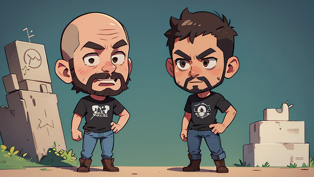 ultra hd, solo, chibi, bald man, tall lean, angular face, brown eyes, no hair on head, full black beard on face, wearing a gray t-shirt and jeans with cowboy boots standing