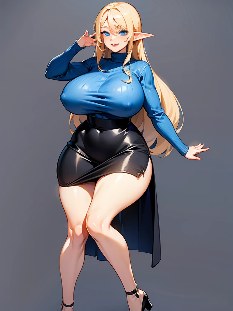 young elf girl, blue eyes, blue Pullover, black long skirt, whole body to see, smiled, excited, moans, blond long hair, sexy pose, big breasts, wide hips