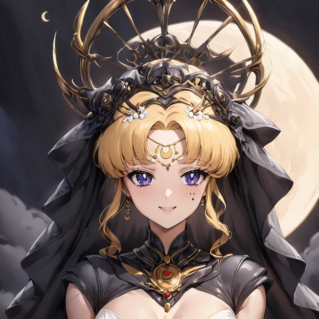 ((Highest quality)), ((masterpiece)), (detailed), （Perfect Face）、Black moon mark on forehead、The woman is the Dark Queen of the Black Moon of the Black Moon Clan, Black Serenity, and has blonde hair.２The woman with long hair tied up is Princess Serenity、The woman has a black inverted crescent moon mark on her forehead, is a bride wearing a black luxurious Gothic Victorian wedding dress and a black wedding veil, and is looking at the camera with a happy expression, like a jet-black princess serenity, a maiden in love.