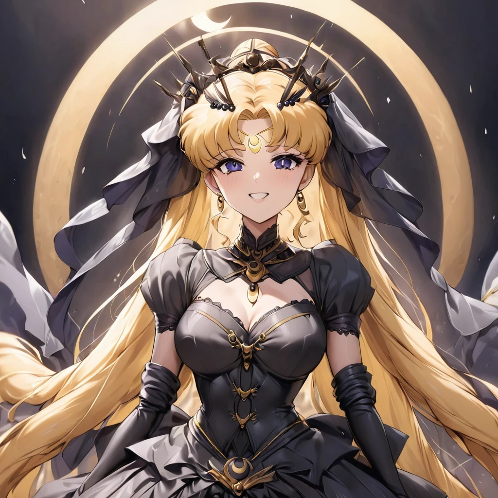 ((Highest quality)), ((masterpiece)), (detailed), （Perfect Face）、Black moon mark on forehead、The woman is the Dark Queen of the Black Moon of the Black Moon Clan, Black Serenity, and has blonde hair.２The woman with long hair tied up is Princess Serenity、The woman has a black inverted crescent moon mark on her forehead, is a bride wearing a black luxurious Gothic Victorian wedding dress and a black wedding veil, and is looking at the camera with a happy expression, like a jet-black princess serenity, a maiden in love.