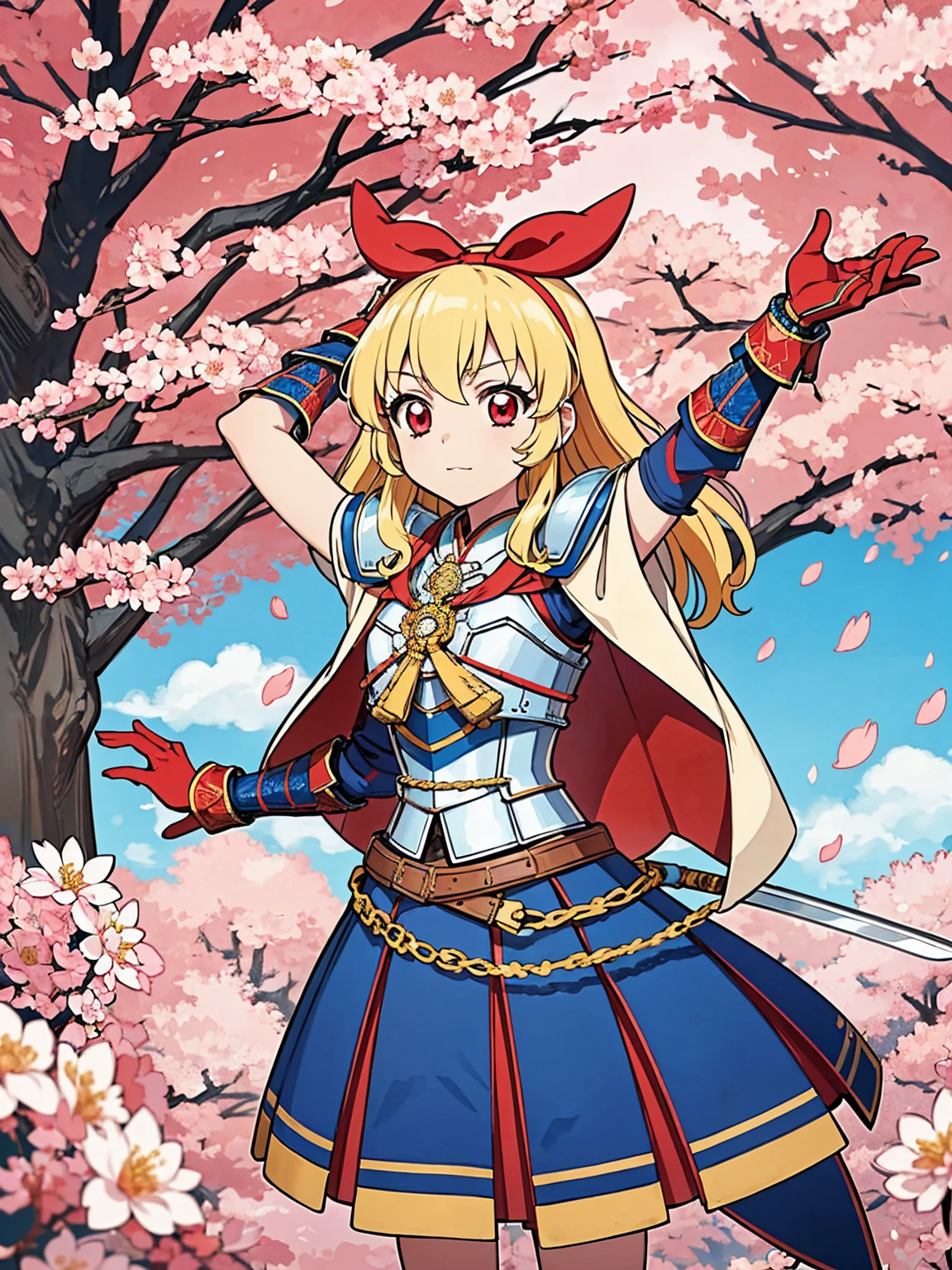 Solitary, 1 girl, Keep, arms, , sword, cape, armor, warrior刀, helmet, Gloves, sheath, japanese armor, armor, warrior,Cherry Blossoms,Cherry blossom petals flying background(((masterpiece))), ((best quality)), ((Intricate details))(8K),hoshimiya ichigo,
