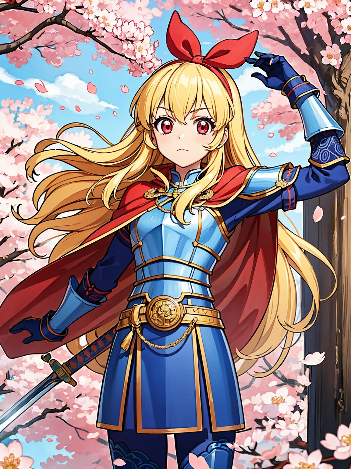 Solitary, 1 girl, Keep, arms, , sword, cape, armor, warrior刀, helmet, Gloves, sheath, japanese armor, armor, warrior，Cherry Blossoms，Cherry blossom petals flying background（（（masterpiece）））， （（best quality））， （（Intricate details））（8K）,hoshimiya ichigo,