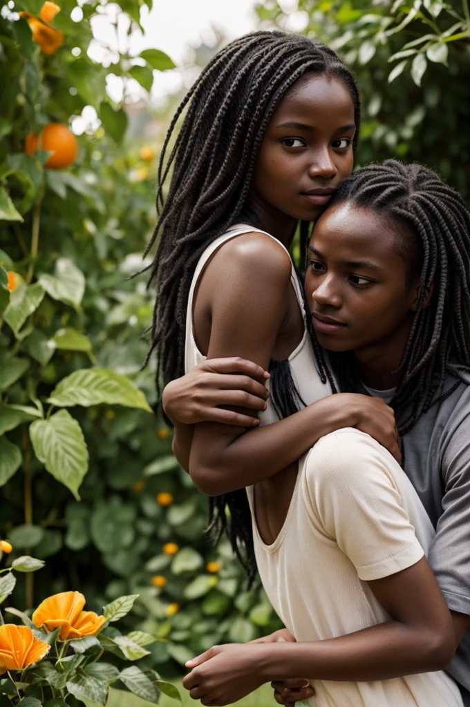 15 years, anthropomorphic woman, dark gray skin, black stripes, bright orange eyes, Affectionate, playful, protective, music lover, garden, link with stepbrother, loving expression, tender posture, home setting, soft natural light, alone