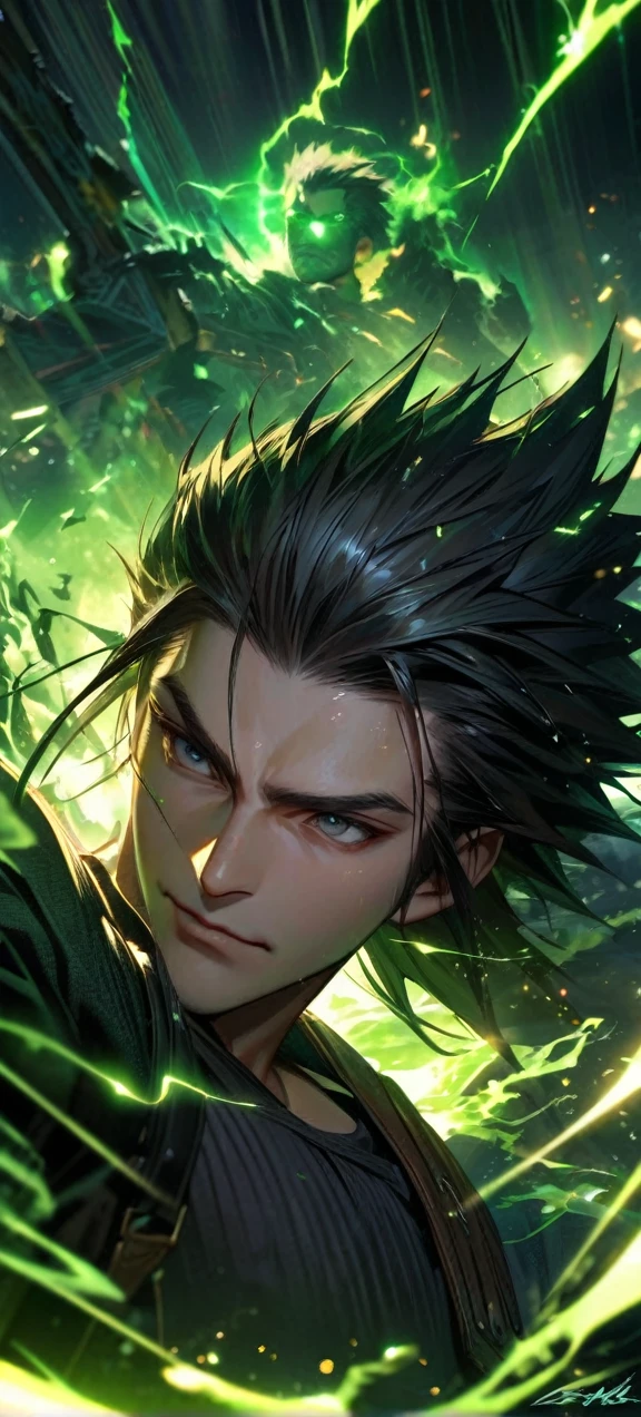 Symetrical,absurdres, highres, ultra detailed, HDR, masterpiece, extremely detailed face and eyes, zack,final fantasy 7,black hair , , solo, man, handsome, ,, , Epic fight scene,black lightning effect, glowing glitters, ,green flames effect, green aura effect,black eyes, green splashing, surrounded by green energy
