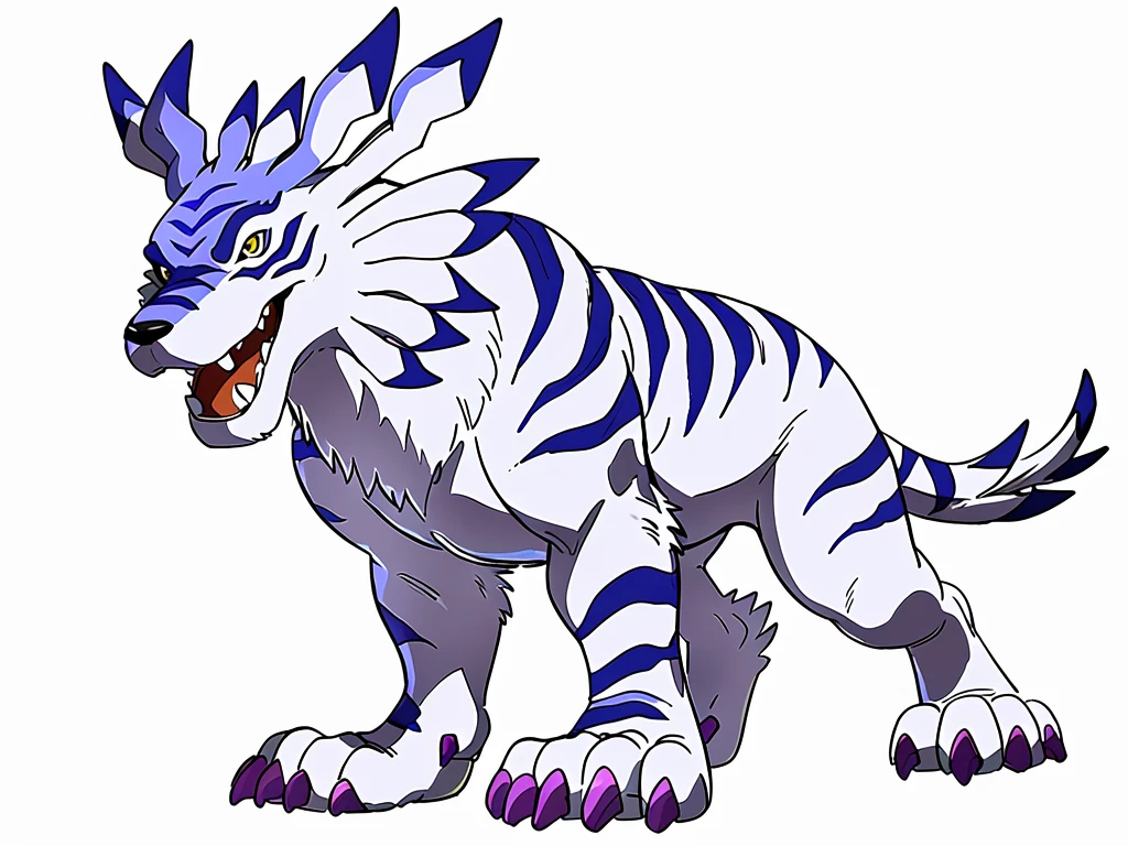 Garurumon, full body, feral:1.1, quadruped, standing, open mouth, fangs, high quality, yellow eyes, big eyes:1.1, detailed eyes, by wfa, by rossciaco, by seibear, by negger, purple claws, big paws, no background, white background, celshaded art style, big paws, long tail, garurumon tail