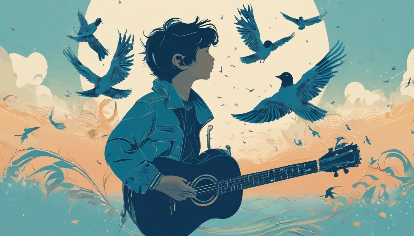 Create a professional, fantastic, cinematic Youtube Banner for a brand about music and stories called " Penamemoria". Masterpiece, 4k, sharp focus, highest quality,wide shot. The title is " Penamemoria". Is a brand about the creative, unique journey of a boy into becoming a musician storyteller. In his journey he finds inspiration in a world of birds and feathers. Minimalistic, simple, poetic, dreamy logotype at the center of the image. The Background image is a world full of fantastic feathers, unique birds, light blue sky, and a boy running happily into the horizon with an acoustic guitar in his right hand. Boy running against the wind, almost simulating like he is flying