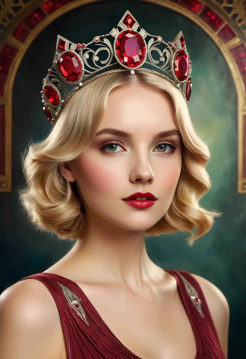 blonde woman with an art deco ruby decorated crown, in the style of Elifcan, fantastic studio lighting, oil on canvas, beautiful details, sharp quality