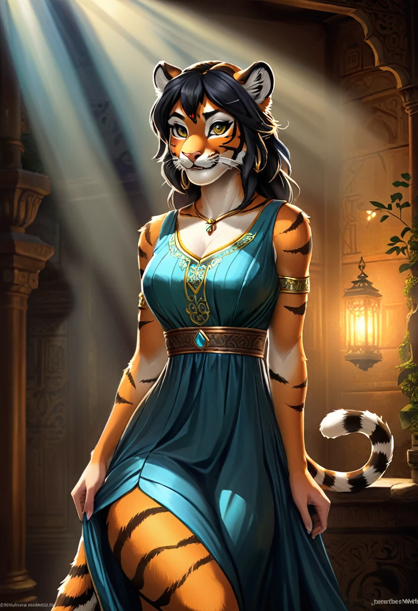 Create an realistic illustrated, hand-drawn, full-color image of an anthropomorphic tiger women. The artwork should be rendered in the style of "Breath of the Wild," featuring warm lighting and shadows. Include graphite shading, stencil marks, and airbrushed acrylic paint effects. dress. Long orange and black striped hair. The image should be of the highest quality, a masterpiece with intricate details. The tiger women should have a female, humanoid, appearance. She should have luscious lips, a wide smile, and bright, expressive eyes, exuding beauty, cuteness, and adorableness. Ensure the image is high resolution and sharply detailed, with a detailed and vibrant background. Incorporate mystical lighting in the background, creating a romantic and enchanting atmosphere.
