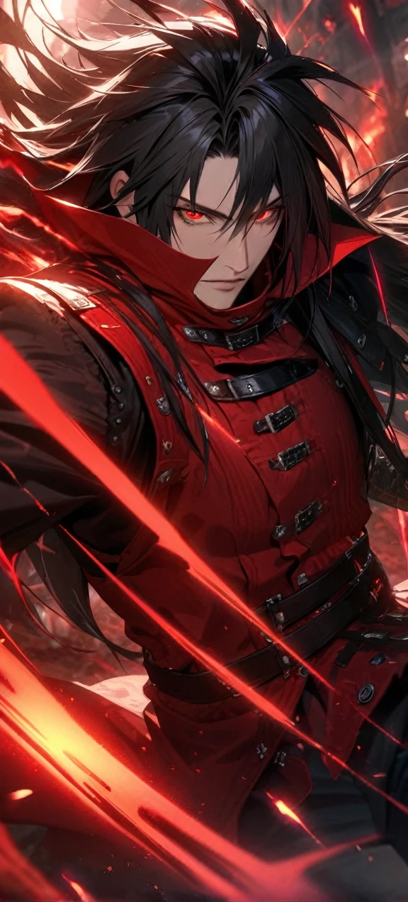 A woman,matured, perfect anatomy, high tech gas mask,long pony tail hair(black hair),red aura,red magic circle,long samurai sword,tight outfit,,closeup cinematic lighting, cinematic angle,side view