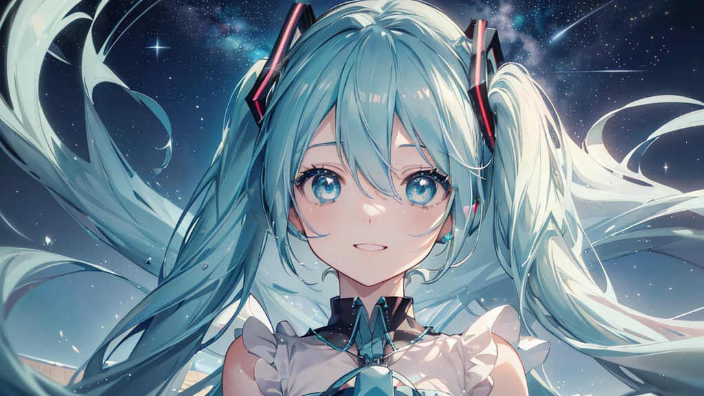 (Starry Sky), ((Beautiful eyes)), (((Hatsune Miku,The best smile))), (((Highest quality、masterpiece、Ultra-fine、Ultra-fine、Exquisite、16K、Full HD,))) 、Long eyelashes、White skin、(thin and long)、 ((cute)) ((One person))