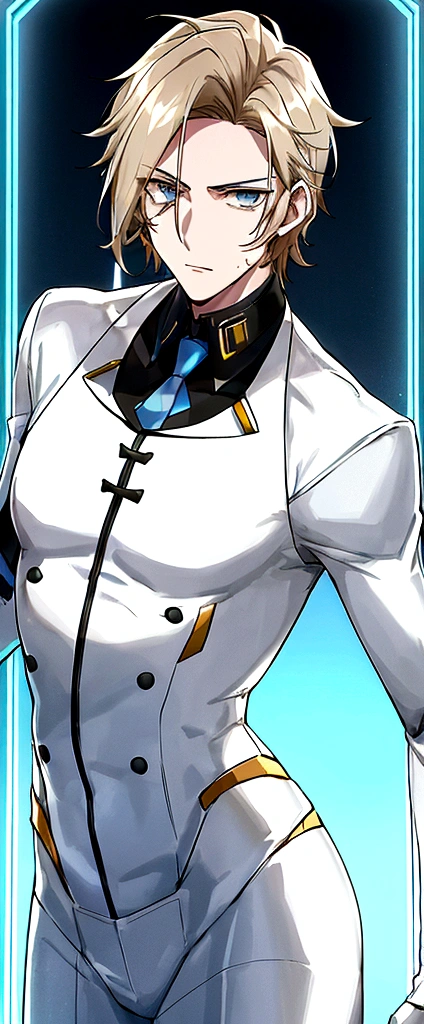 (masculine) (21 years) (a tall, slender young man with a muscular and toned body, His hair is light brown and is messy, covering his forehead., His eyes are blue and his skin is light-skinned..) (robotic body,  fitted white suit with neon light blue details) (laboratory background) 