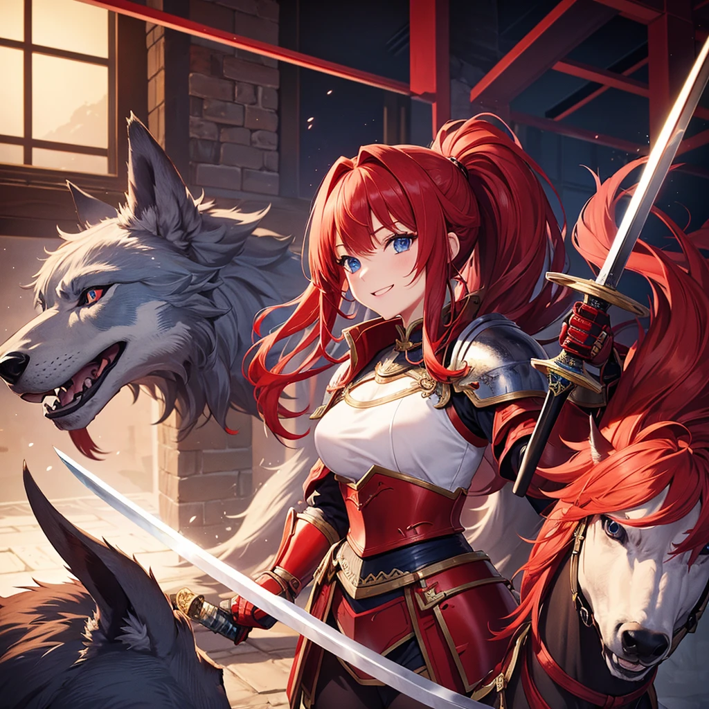 (masterpiece)、high resolution、21-year-old beauty、Red hair in a ponytail、blue eyes、female knight in red armor、An inappropriate smile、Holding a Japanese sword、Accompanied by a giant wolf。