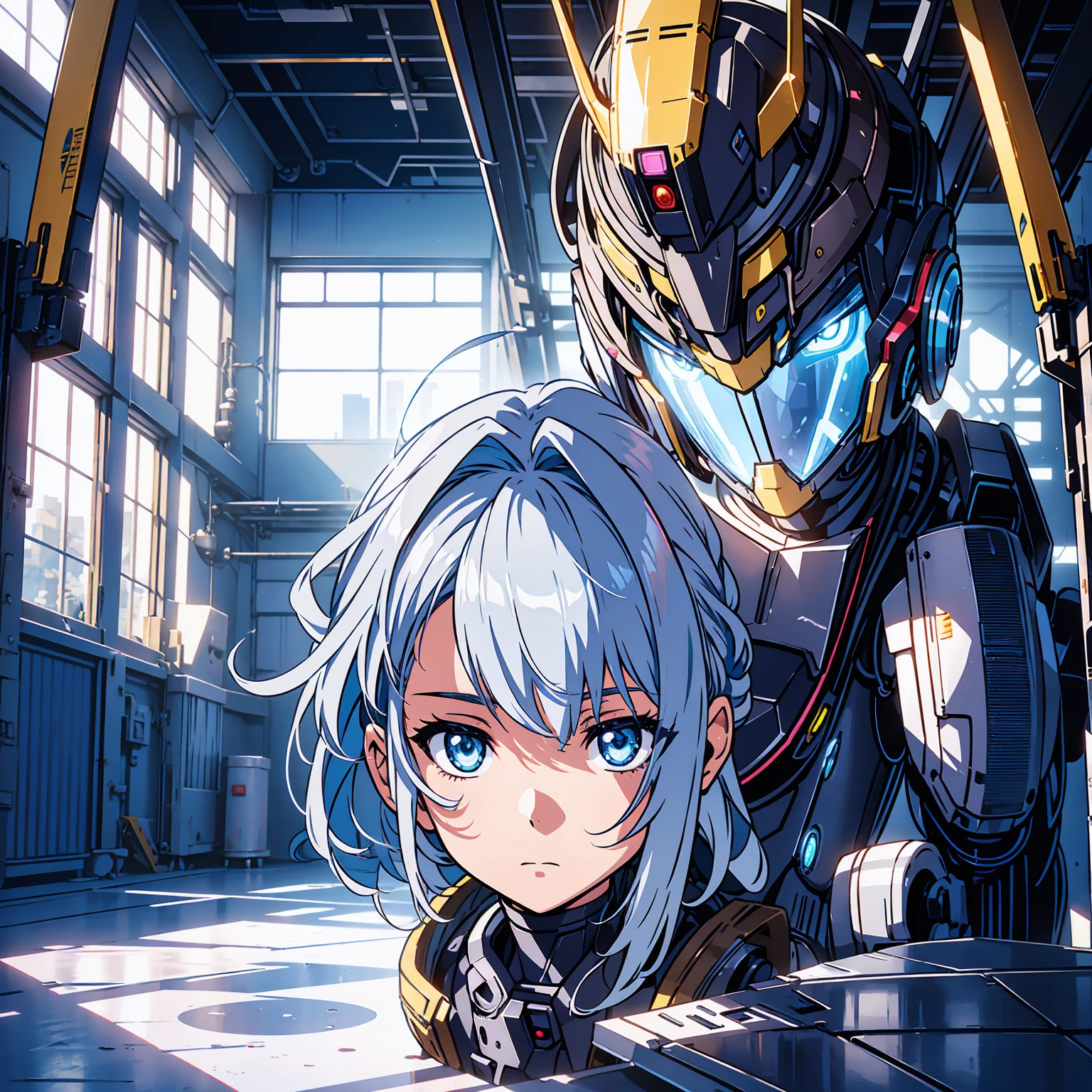 Anime characters, one teenage anime girl, silvery blue hair, bright blue star-shaped eyes, one Robot, Cape, Luminous Eyes, Rugged, Fantasy, Lights, outdated, old style, dark blue, bronze, Room with window, sitting