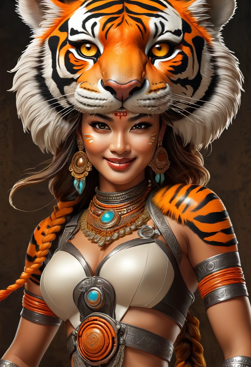 Create an realistic illustrated, hand-drawn, full-color image of an anthropomorphic tiger women. The artwork should be rendered in the style of "Breath of the Wild," featuring warm lighting and shadows. Include graphite shading, stencil marks, and airbrushed acrylic paint effects. dress. Long orange and black stripped hair. The image should be of the highest quality, a masterpiece with intricate details. The tiger women should have a female, humanoid, appearance. She should have luscious lips, a wide smile, and bright, expressive eyes, exuding beauty, cuteness, and adorableness. Ensure the image is high resolution and sharply detailed, with a detailed and vibrant background. Incorporate mystical lighting in the background, creating a romantic and enchanting atmosphere.
