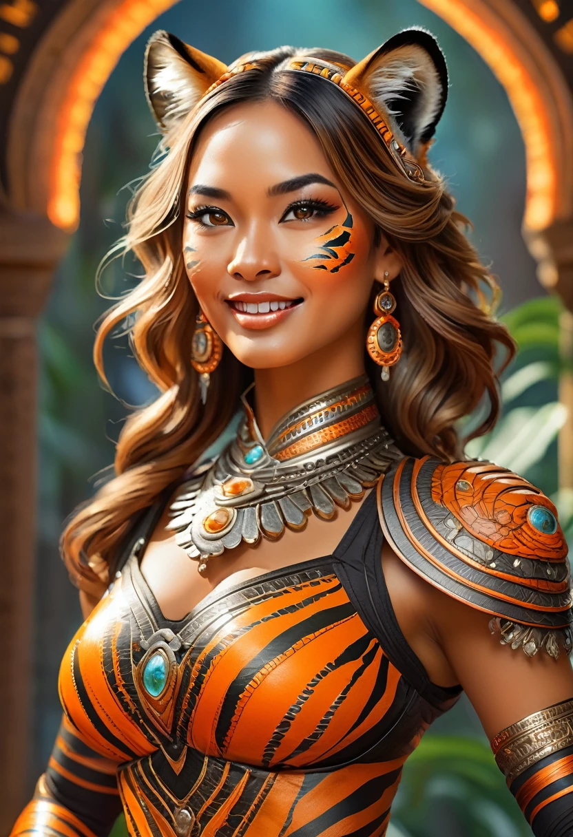 Create an realistic illustrated, hand-drawn, full-color image of an anthropomorphic tiger women. The artwork should be rendered in the style of "Breath of the Wild," featuring warm lighting and shadows. Include graphite shading, stencil marks, and airbrushed acrylic paint effects. dress. Long orange and black stripped hair. The image should be of the highest quality, a masterpiece with intricate details. The tiger women should have a female, humanoid, appearance. She should have luscious lips, a wide smile, and bright, expressive eyes, exuding beauty, cuteness, and adorableness. Ensure the image is high resolution and sharply detailed, with a detailed and vibrant background. Incorporate mystical lighting in the background, creating a romantic and enchanting atmosphere.