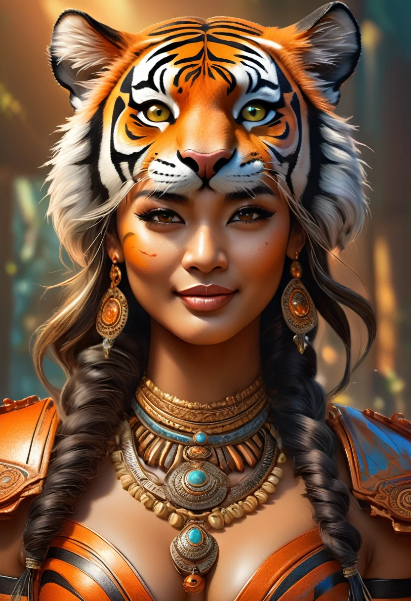 Create an realistic illustrated, hand-drawn, full-color image of an anthropomorphic tiger women. The artwork should be rendered in the style of "Breath of the Wild," featuring warm lighting and shadows. Include graphite shading, stencil marks, and airbrushed acrylic paint effects. dress. Long orange and black stripped hair. The image should be of the highest quality, a masterpiece with intricate details. The tiger women should have a female, humanoid, appearance. She should have luscious lips, a wide smile, and bright, expressive eyes, exuding beauty, cuteness, and adorableness. Ensure the image is high resolution and sharply detailed, with a detailed and vibrant background. Incorporate mystical lighting in the background, creating a romantic and enchanting atmosphere.
