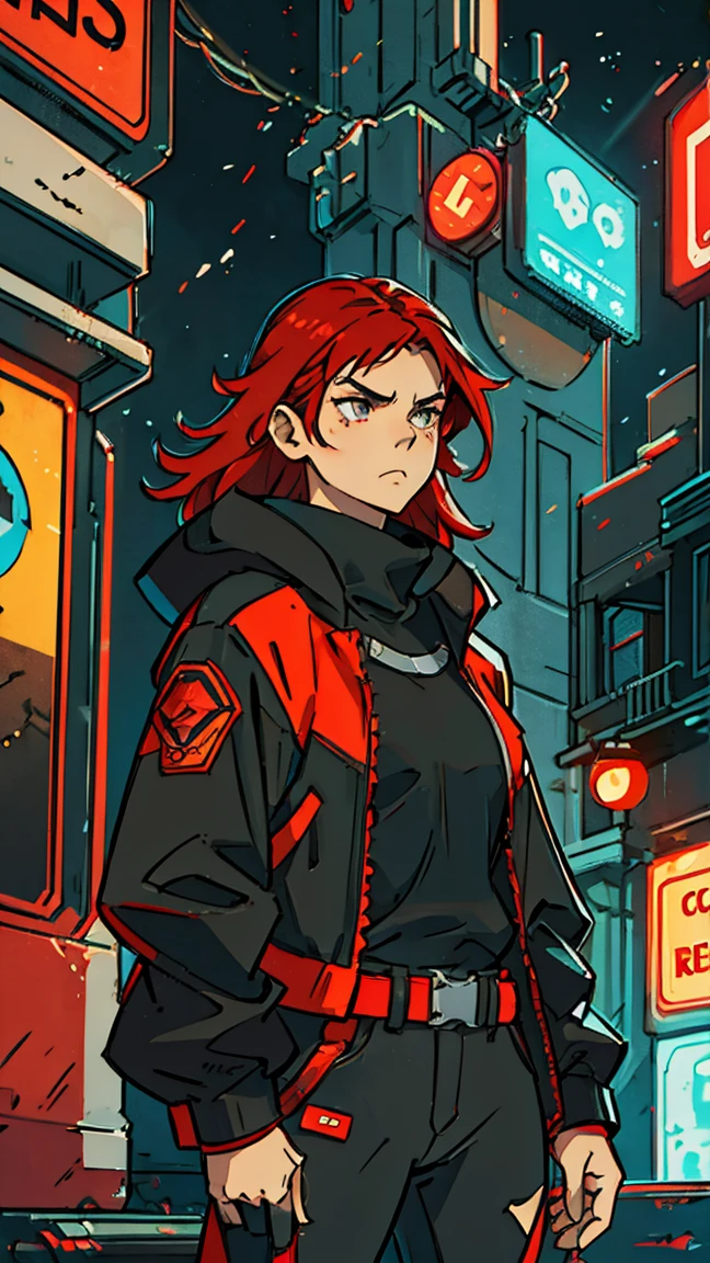 ((Best quality)) ((Detailed)) A cinematographic scene of a serious badass long red hair girl with black techwear clothes, Neon lights and buildings background