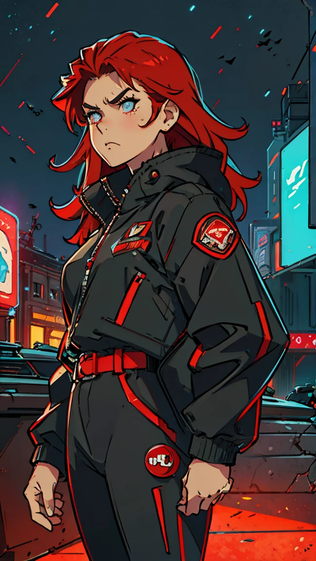 ((Best quality)) ((Detailed)) A cinematographic scene of a serious badass long red hair girl with black techwear clothes, Neon lights and buildings background
