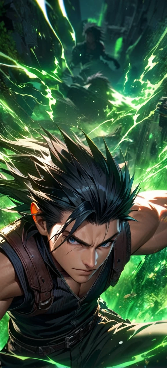 Symetrical,absurdres, highres, ultra detailed, HDR, masterpiece, extremely detailed face and eyes, zack,final fantasy 7,black hair , , solo, man, handsome, ,, , Epic fight scene,black lightning effect, glowing glitters, ,green flames effect, green aura effect,black eyes, green splashing, surrounded by green energy