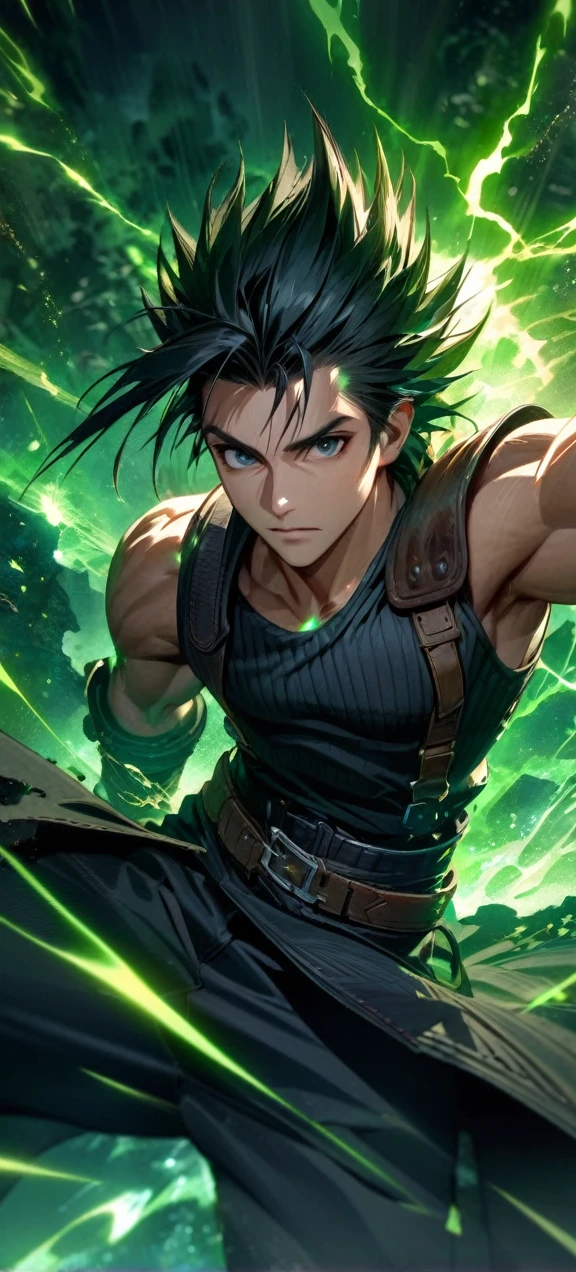 Symetrical,absurdres, highres, ultra detailed, HDR, masterpiece, extremely detailed face and eyes, zack,final fantasy 7,black hair , , solo, man, handsome, ,, , Epic fight scene,black lightning effect, glowing glitters, ,green flames effect, green aura effect,black eyes, green splashing, surrounded by green energy