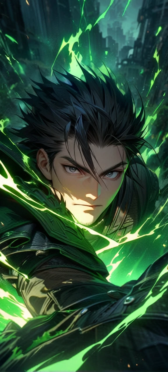 Symetrical,absurdres, highres, ultra detailed, HDR, masterpiece, extremely detailed face and eyes, zack,final fantasy 7,black hair , , solo, man, handsome, ,, , Epic fight scene,black lightning effect, glowing glitters, ,green flames effect, green aura effect,black eyes, green splashing, surrounded by green energy